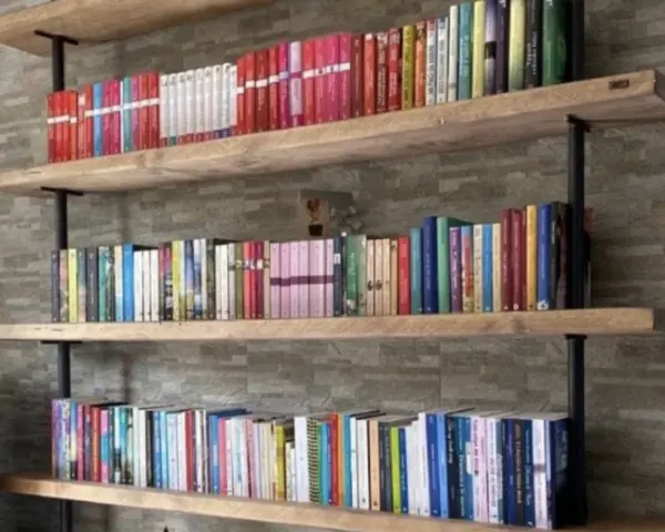 Books on wooden shelves