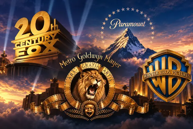 Collage of classic Hollywood studio emblems: MGM, 20th Century Fox, Paramount and Warner Bros.