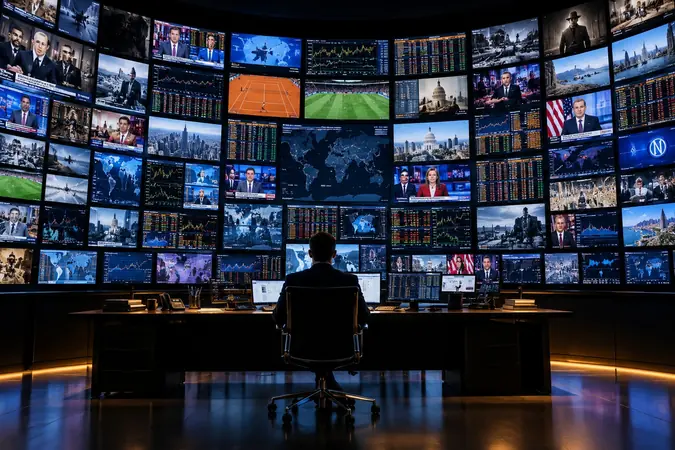 A person seen from behind facing a wall of TV screens